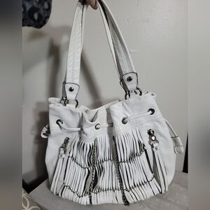 B. Makowsky Glove White Leather Drawstring Hobo Bag Purse With Fringe Detail